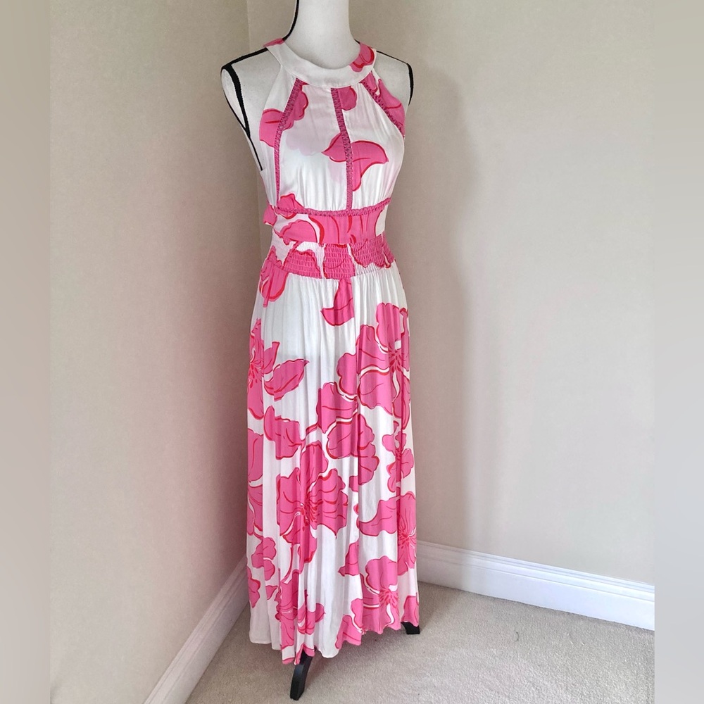 Anthropologie Abel The Label ATL Paloma Pink White Floral Open Back Dress Size M - Picture 4 of 10